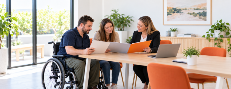 NDIS participant and family member reviewing funding options with an adviser.