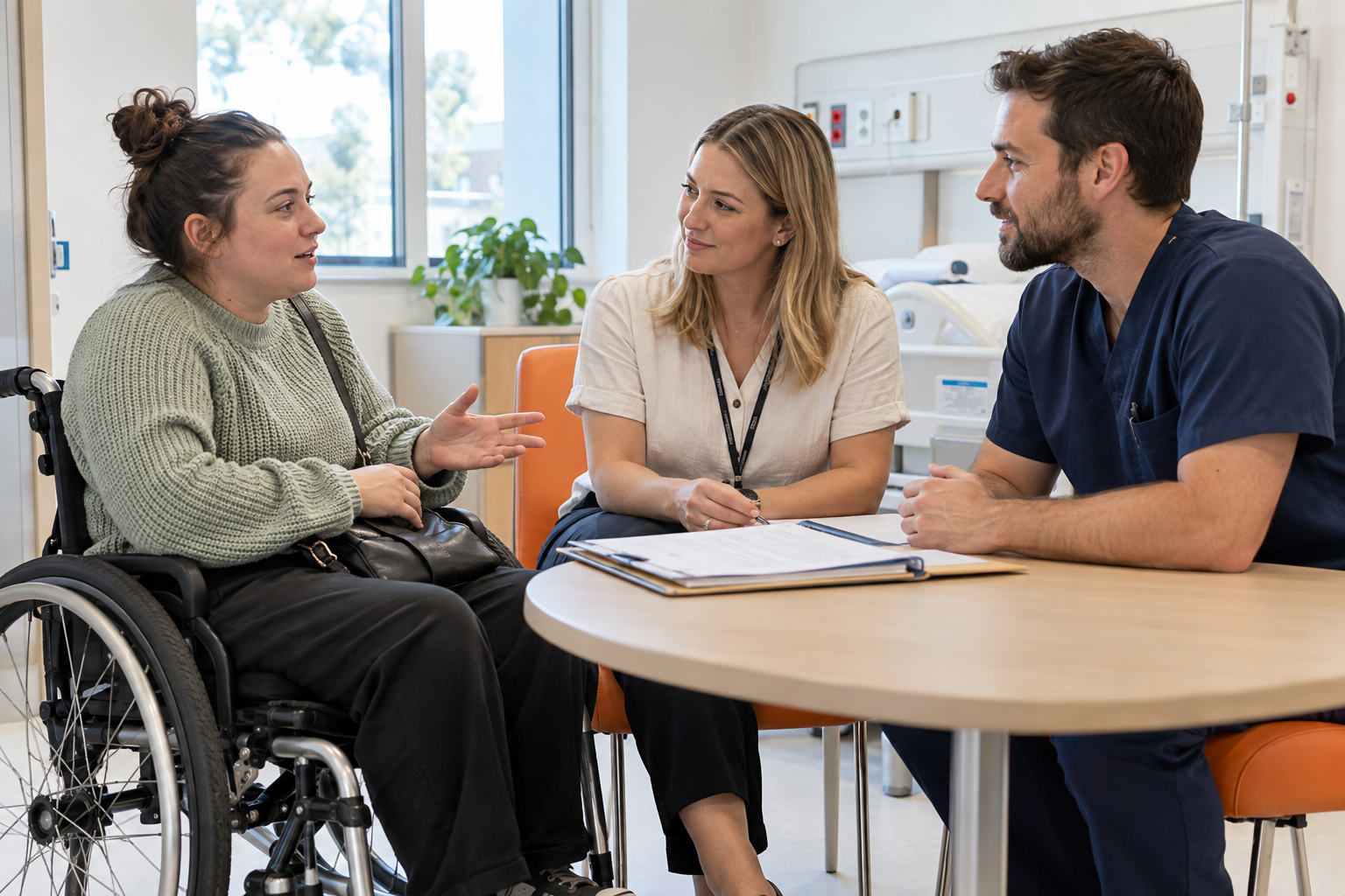 Participant discussing discharge support with hospital staff
