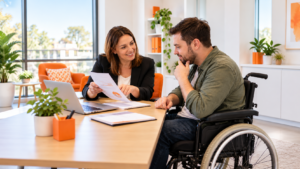 A participant and family member discussing funding with a plan manager. Both are landscape images without text overlays.