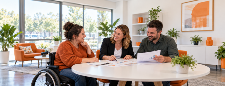 NDIS participant discussing supports and funding with two professionals.