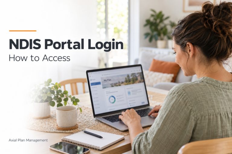 Woman using a laptop to access NDIS plan information at home.